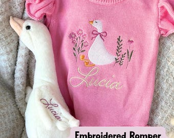 Baby Girl Goose Gift Set, New Baby Sweater Romper, Girl Ruffle Romper, baby name sweater, new baby gift box set, baby sweaters embroidered