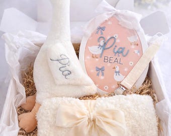 Personalized Baby Girl Gift Box | Goose Newborn Gift Set | Custom Nursery Name Sign, Embroidered Lovey, Pacifier Clip & Plush Blanket