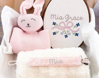 Personalized Baby Girl Gift Box | Newborn Gift Set | Baby Shower Gift | Custom Name Sign, Custom lovey, Pacifier Clip, Blanket