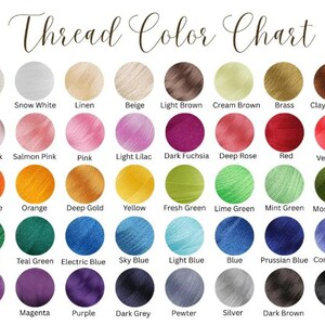 May include: A thread color chart with a variety of colors, including white, pink, orange, yellow, green, blue, purple, and black. Each color is displayed in a small circle with its name underneath. The text "Thread Color Chart" is at the top.