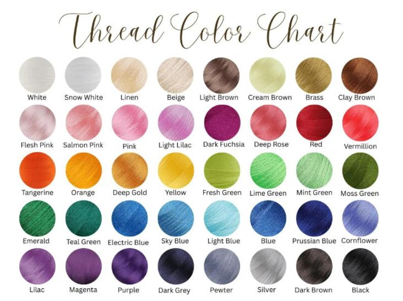 May include: A thread color chart with a variety of colors, including white, pink, orange, yellow, green, blue, purple, and black. Each color is displayed in a small circle with its name underneath. The text "Thread Color Chart" is at the top.