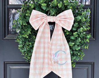Monogram Wreath Sash For Easter, Spring Door Decor, Custom Easter Basket Tag, Grand Millenial Easter Basket Tag, embroidered initial ribbon