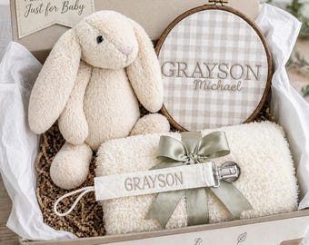 Personalized Baby Boy Gift Box | Neutral Bunny Baby Shower Gift | Custom Name Blanket, Sign & Plush Set