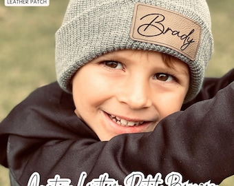 Personalized Leather Patch Beanie: Custom Name Knit Hat