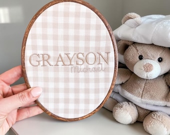Personalized Embroidered Name Hoop | Neutral Gingham or Floral Nursery Decor