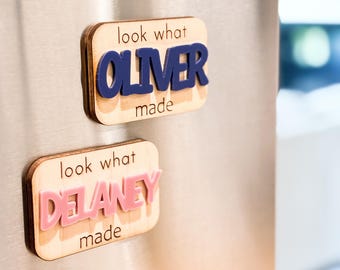 Custom Kids Art Display Fridge Magnet: Natural Wood & Acrylic