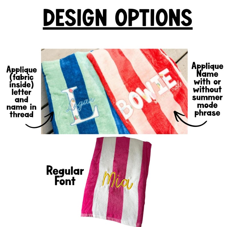 May include: Beach towels with striped patterns in blue, red, and pink. The towels feature embroidered names and letters in various fonts. The image includes the text "DESIGN OPTIONS".