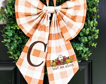 Fall Wreath Sash, Monogrammed Bow, Personalized Sash, Front Door Initial, Embroidered Initial, Custom Holiday Bow, Sash Boxwood Wreath