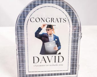 Personalized Graduation Card Box with Photo | Arch Acrylic Grad Gift | Class of 2026 Money Box | Custom High School College Graduation Decor