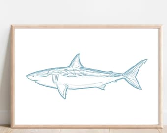 Horizontal Shark Print, Surf minimalist line art, East Coast Wall Art, Coastal Cowgirl, Coastal Granddaughter, Coastal Art, Shark wall art
