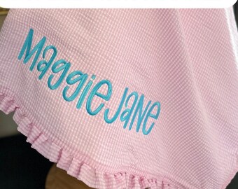 Monogrammed Seersucker Beach Towel: Ruffle Gingham Pool Towel
