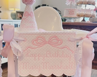 Personalized Girl Birthday Highchair Banner, Hat & Cake Topper Set / Girls First Decoration/ 1st Birthday