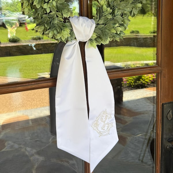 Monogrammed Satin Wedding Wreath Sash: Embroidered, Personalized