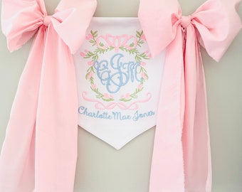 Custom Baby Banner, Birth Announcement, Floral Crest Welcome Banner, Hospital Door Crib with Fabric Bows, baby shower gift,Embroidery Banner
