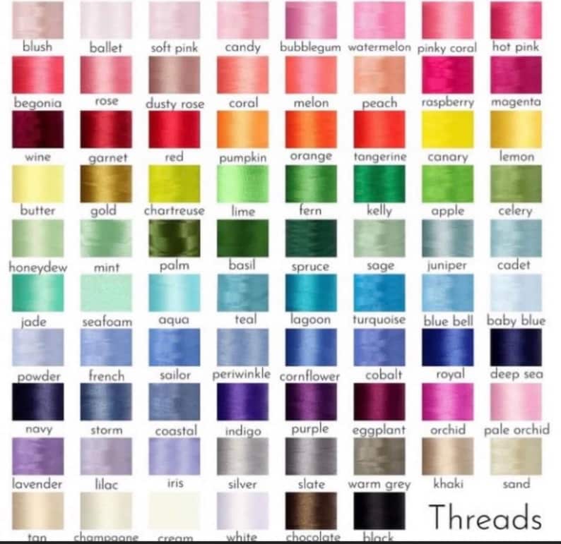Puede incluir: Una carta de colores que muestra una variedad de colores de hilo, incluyendo rubor, ballet y rosa suave. La carta presenta una gama de tonos, desde pasteles claros hasta tonos vibrantes como rosa intenso y magenta. La palabra "Threads" est&aacute; en la parte inferior.