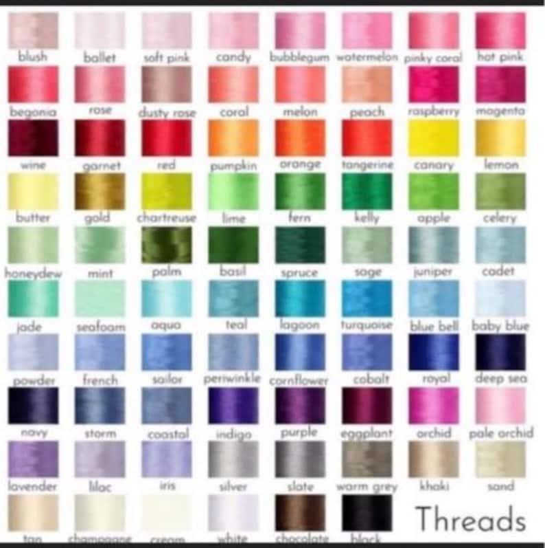 May include: A color chart displaying a wide array of thread colors, including shades of pink, red, orange, yellow, green, blue, purple, and neutral tones. Each color is labeled with its name, such as "blush," "navy," and "purple."