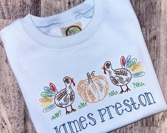 Boys Personalized Thanksgiving Shirt: Embroidered Turkey, Boy Monogram Fall Shirt