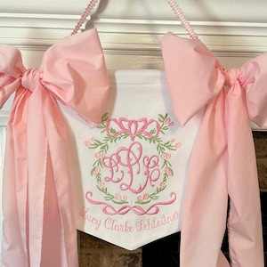 Custom Embroidery Baby Banner: Floral Crest, Fabric Bows, Girl Birth Announcement, Hospital Door Hanger