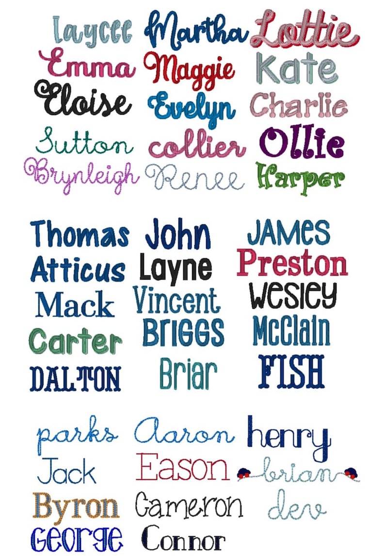 May include: A collection of embroidered names in various colors and fonts, including "Laycee", "Martha", "Lottie", "Emma", "Maggie", "Kate", "Eloise", "Evelyn", "Charlie", "Sutton", "Collier", "Ollie", "Brynleigh", "Renee", "Harper", "Thomas", "John", "JAMES", "Atticus", "Layne", "Preston", "Mack", "Vincent", "Wesley", "Carter", "BRIGGS", "McClain", "DALTON", "Briar", "FISH", "parks", "Aaron", "henry", "Jack", "Eason", "brian", "Byron", "Cameron", "dev", "George", "Connor".