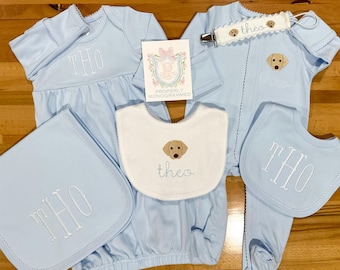 Personalized Baby Boy Coming Home Outfit Bundle, Puppy baby sleeper