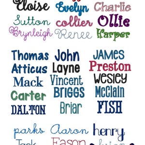Puede incluir: Un fondo blanco muestra una variedad de nombres en diferentes colores y fuentes. Los nombres incluyen Martha, Emma, Maggie, Kate, Eloise, Evelyn, Charlie, Sutton y otros. Ideal para art&iacute;culos personalizados.
