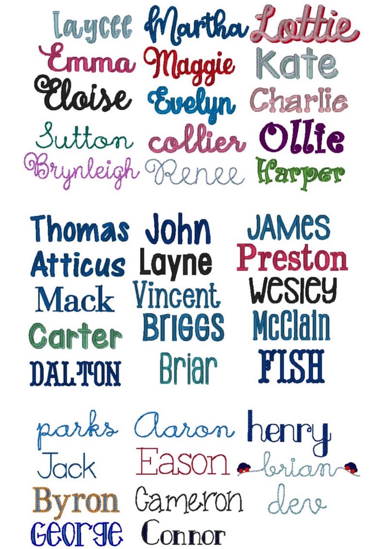 Puede incluir: Un fondo blanco muestra una variedad de nombres en diferentes colores y fuentes. Los nombres incluyen Martha, Emma, Maggie, Kate, Eloise, Evelyn, Charlie, Sutton y otros. Ideal para art&iacute;culos personalizados.