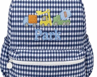 Embroidered Navy Gingham Backpack: Construction Trucks, Diaper Bag, School Set