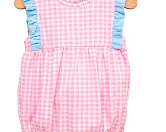 Monogram Baby Bubble: Pink Gingham, Blue Ruffle