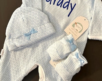 Paty Boys Monogram Romper: Boy Newborn Coming Home/ Personalized Long Sleeve Jon Jon