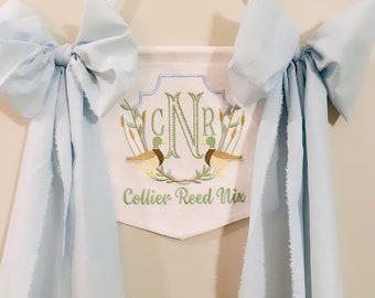 Mallard Duck Baby Banner, Birth Announcement, Boy Welcome Banner, Hospital Door Crib with Fabric Bows, Baby Shower Gift,Handmade Duck Banner