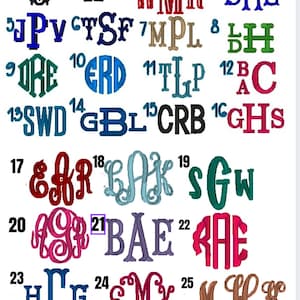 Puede incluir: Una colecci&oacute;n de dise&ntilde;os de monogramas en varios colores y estilos. La imagen muestra m&uacute;ltiples conjuntos de iniciales, incluyendo fuentes ornamentadas y simples, en colores como rojo, azul, verde y morado. Ideal para regalos personalizados.