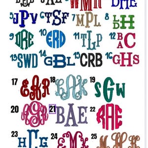 Może przedstawiać: Kolekcja wzor&oacute;w monogram&oacute;w w r&oacute;żnych czcionkach i kolorach. Obraz przedstawia wiele zestaw&oacute;w inicjał&oacute;w, w tym opcje takie jak "JGB", "WMR" i "BAE", w odcieniach niebieskiego, czerwonego, zielonego i brązowego.