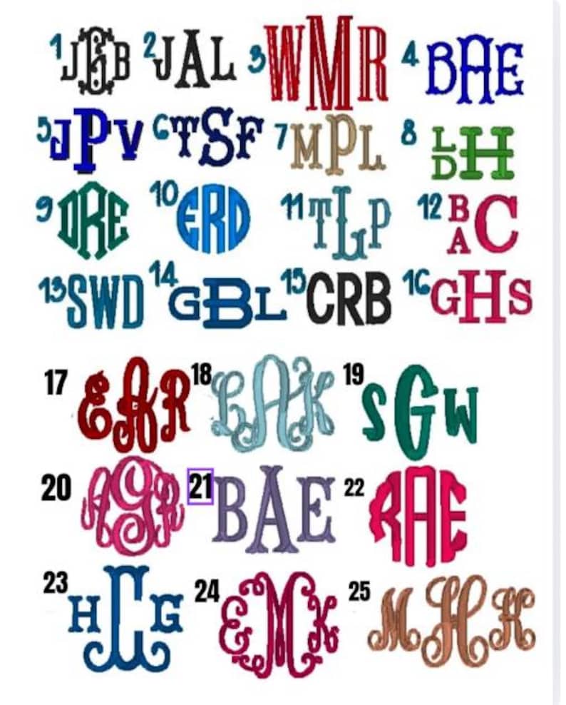Może przedstawiać: Kolekcja wzor&oacute;w monogram&oacute;w w r&oacute;żnych czcionkach i kolorach. Obraz przedstawia wiele zestaw&oacute;w inicjał&oacute;w, w tym opcje takie jak "JGB", "WMR" i "BAE", w odcieniach niebieskiego, czerwonego, zielonego i brązowego.