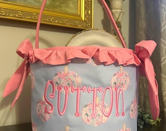 Personalized Girl Halloween Candy Bag: Monogram Pumpkin Trick or Treat Tote, Ruffle Trim