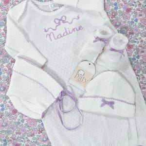 Paty Lavender Baby Gown /Bonnet / Booties / Lilac Paty Monogram Gown / Newborn Girl Coming Home Outfit/ Girls Layette Set /Baby Shower Gift/