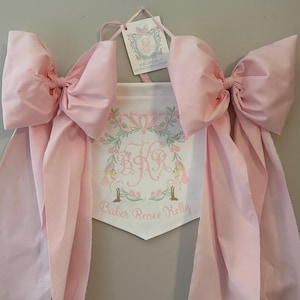Embroidered Stork Baby Banner: Girl Birth Announcement, Hospital Door Hanger