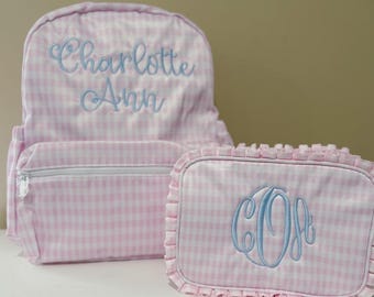 Girls Monogram Backpack Set: Embroidered School Bag, Lunchbox, Duffle Bag, Pencil Pouch
