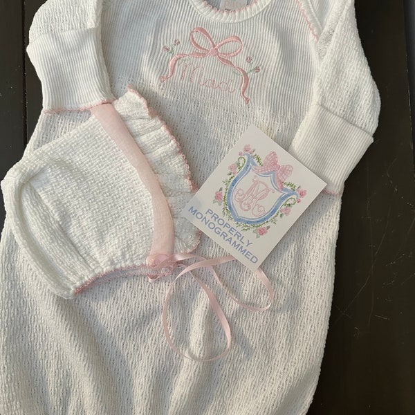 Paty Baby Gown, Bonnet, Mary Jane Crib Shoes, Monogram Girl Gown, Gown, Newborn Girl Coming Home Layette, Baby Day Gown, Baby Shower Gift