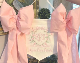 Custom Embroidered Butterfly Crest Baby Banner: Personalized Birth Announcement Door Hanger (Canvas)