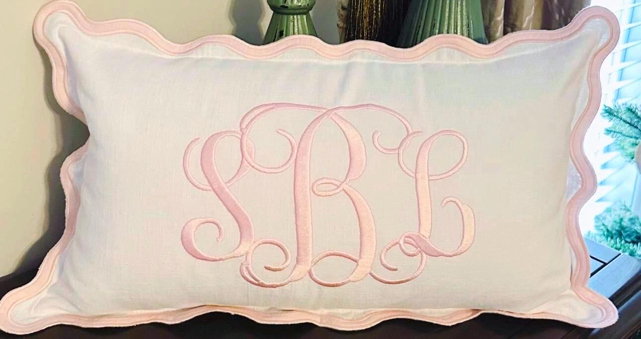Custom Embroidery Scallop Pillow, Monogram Nursery Pillow, Personalized Throw Pillow, Monogram Baby Pillow