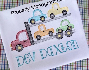 Boy Car Hauler T-shirt/ Boys 18-Wheeler Shirt/ Personalized Automobile Shirt/ Tractor Trailer Romper