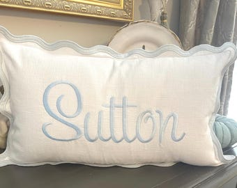 Custom Embroidery Scallop Pillow, Monogram Nursery Pillow, Personalized Throw Pillow, Monogram Baby Pillow