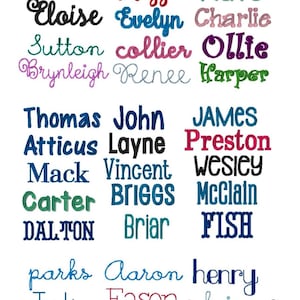 Pu&ograve; includere: Una collezione di nomi in vari font e colori, tra cui Laycee, Martha, Lottie, Emma, Maggie, Kate, Eloise, Evelyn, Charlie, Sutton, Collier, Ollie, Brynleigh, Renee e Harper.