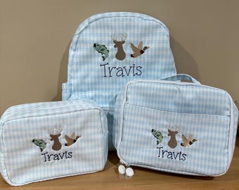 Embroidered Deer Hunting Backpack Set: Boys Diaper Bag, Luggage, Blue Gingham Nylon School Set