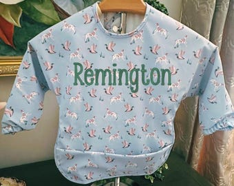 Monogrammed Mallard Duck Bib, Waterproof Catch-All with Pocket, Boys Art/Paint Smock