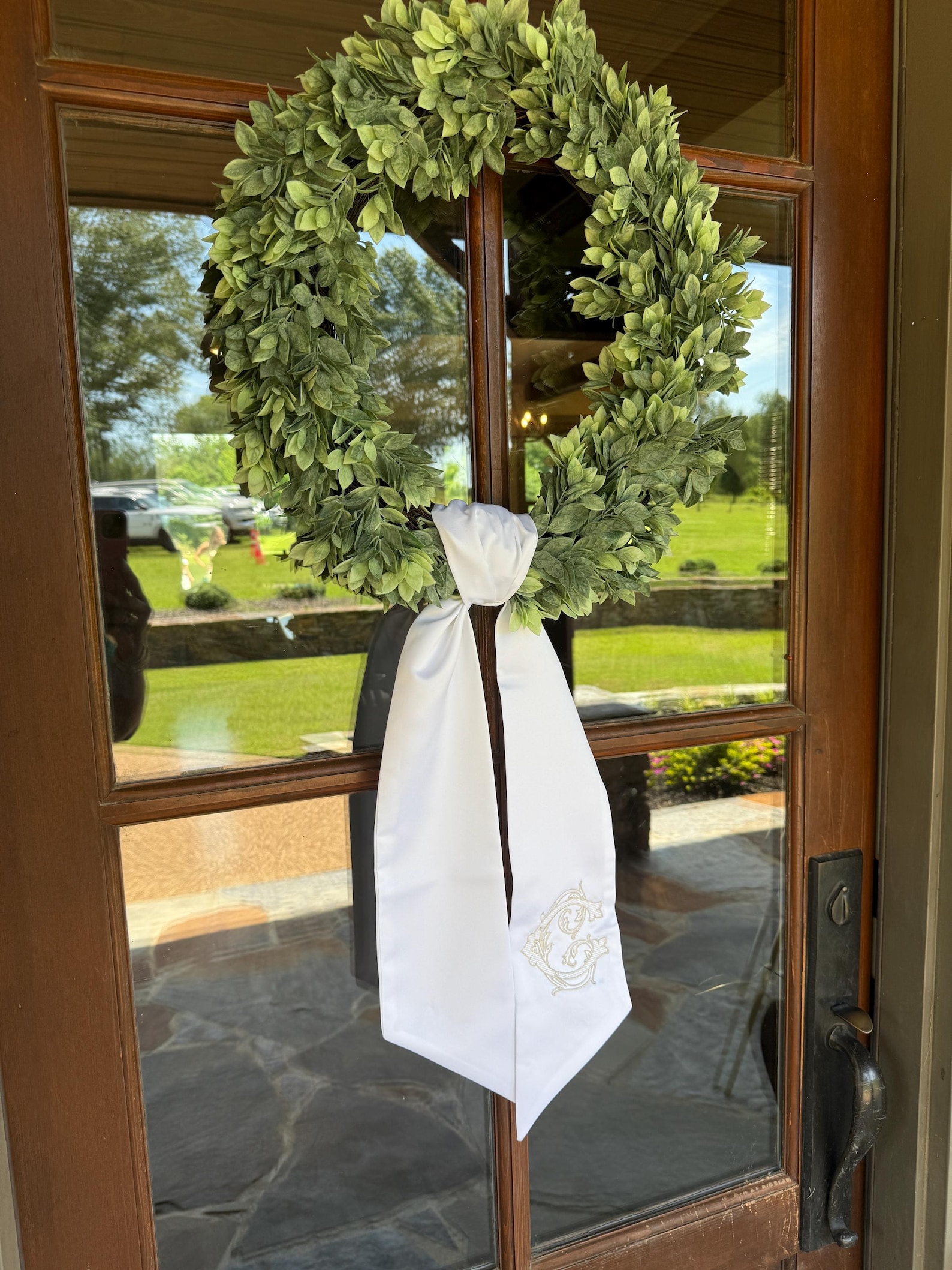 Monogrammed Satin Wedding Wreath Sash: Embroidered, Personalized - Double Tail Monogram