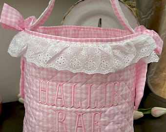 Personalized Gingham Easter Basket, Quilted Eyelet Ruffle Easter hunt Bag