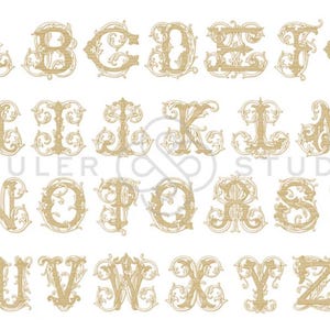May include: A collection of ornate, gold-colored capital letters from A to Z, each with a unique, decorative design. The letters are arranged in rows and columns against a white background. The text "SHULER STUDIO" is visible in the center of the image.