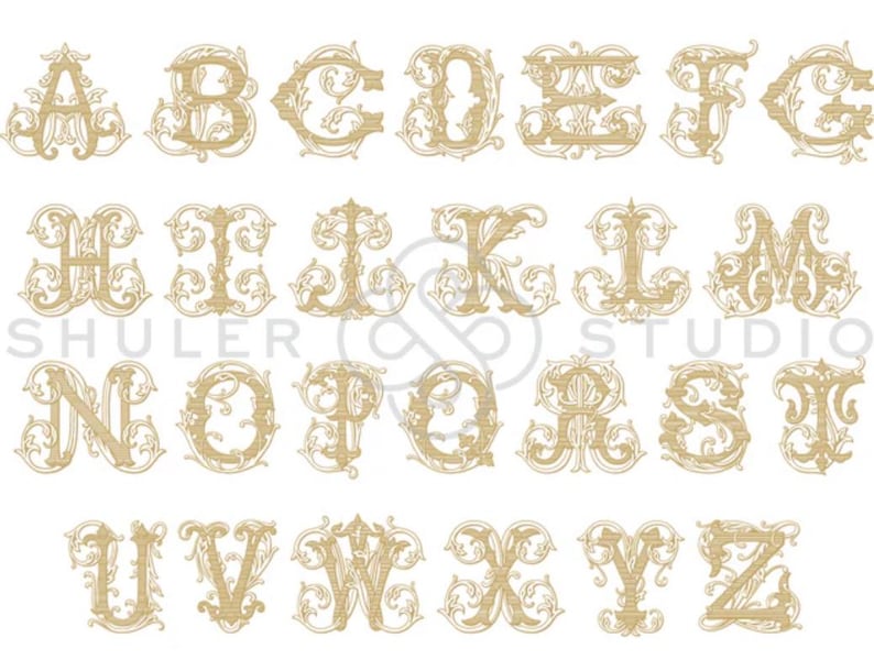 May include: A collection of ornate, gold-colored capital letters from A to Z, each with a unique, decorative design. The letters are arranged in rows and columns against a white background. The text "SHULER STUDIO" is visible in the center of the image.