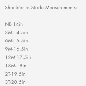 Pu&ograve; includere: Sono elencate le misure per l'abbigliamento per neonati e bambini piccoli. Le misure dalla spalla al cavallo variano da 35,56 cm per i neonati a 52,07 cm per le taglie 3T. Il testo &egrave; in un font sans-serif.